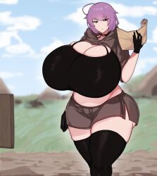 Rule 34 | 1girl, absurdres, book, breasts, brown shorts, bursting breasts, cleavage, cloud, curvy, day, dot nose, female focus, gigantic breasts, grass, half-closed eyes, highres, holding, holding book, midriff, mountain, original, outdoors, patimon, plump, purple hair, reading, red eyes, shiny skin, short hair, shorts, skindentation, sky, solo, standing, thick thighs, thighhighs, thighs, wide hips, zettai ryouiki