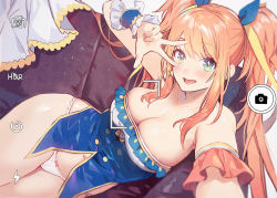 Rule 34 | 1girl, :d, arm garter, bare shoulders, blush, breasts, character request, cleavage, commentary request, copyright request, earrings, green eyes, hair ribbon, jewelry, large breasts, lino chang, long hair, lying, navel, no pants, on side, open mouth, orange hair, panties, ribbon, selfie, sidelocks, smile, solo, star (symbol), star earrings, strapless, twintails, underwear, viewfinder, w, white panties, wrist cuffs