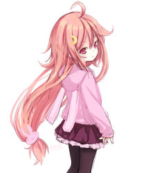 Rule 34 | 10s, 1girl, ahoge, animal hood, black pantyhose, crescent, crescent hair ornament, frilled skirt, frills, from behind, hair ornament, hood, hood down, jacket, kantai collection, kiira, long hair, looking at viewer, looking back, low-tied long hair, pantyhose, pink eyes, pink hair, pleated skirt, purple skirt, rabbit hair ornament, rabbit hood, simple background, skirt, sleeves past wrists, solo, uzuki (kancolle), very long hair, white background
