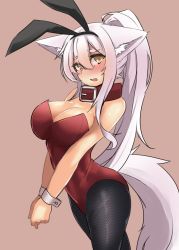 Rule 34 | 1girl, animal ears, bad id, bad twitter id, bare shoulders, black pantyhose, blush, breasts, cleavage, collar, colored eyelashes, embarrassed, fake animal ears, female focus, fishnet pantyhose, fishnets, fox ears, fox tail, highres, large breasts, leotard, original, own hands together, pantyhose, playboy bunny, ponytail, rabbit ears, sakura inu, simple background, solo, tail, wrist cuffs, yellow eyes