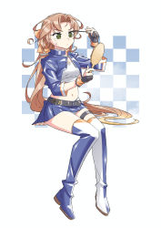 Rule 34 | 1girl, absurdres, akigumo (kancolle), applying makeup, blue jacket, boots, breasts, brown hair, checkered background, cosmetics, crop top, green eyes, hair ribbon, hand mirror, highres, jacket, kantai collection, kazh (kazu), long hair, looking at mirror, makeup, makeup brush, mirror, mole, mole under eye, official alternate costume, ponytail, race queen, ribbon, short sleeves, sitting, skirt, small breasts, solo, thigh boots, white background
