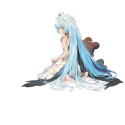 Rule 34 | 1girl, aged down, bare shoulders, barefoot, black feathers, black wings, blue hair, closed mouth, clothes lift, dress, dress lift, expressionless, feathered wings, feathers, feet, from behind, girls&#039; frontline, hair between eyes, hair intakes, hair ornament, hairband, jewelry, kneeling, leg ribbon, long hair, looking down, looking to the side, necklace, nin (lion), official alternate costume, official art, red eyes, ribbon, rifle-caliber handgun, rifle-caliber pistol, scar, scar on arm, simple background, sitting, soles, solo, stuffed animal, stuffed toy, teddy bear, thunder (girls&#039; frontline), thunder (lenore&#039;s raven) (girls&#039; frontline), toes, tooth necklace, transparent background, triple action thunder, very long hair, wariza, white dress, wings