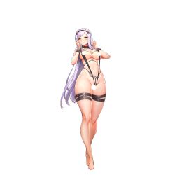 Rule 34 | 1girl, barefoot, black lilith (last origin), blush, breasts, censored, censored nipples, full body, hairband, highres, kakiman, large breasts, last origin, looking at viewer, navel, nipple slip, nipples, official art, silver hair, smile, solo, swimsuit, tachi-e, thigh strap, transparent background, wrist cuffs, yellow eyes