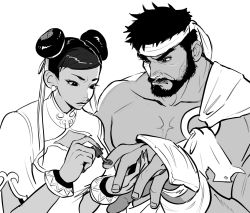 Rule 34 | 1boy, 1girl, applying manicure, beard, breasts, capcom, chonglangzibuchongle, chun-li, facial hair, frown, greyscale, hair bun, headband, highres, large pectorals, mature male, monochrome, muscular, muscular male, nail polish, painting nails, pectorals, short hair, street fighter, street fighter 6, thick eyebrows, upper body, white background
