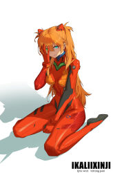 Rule 34 | 1girl, absurdres, blue eyes, bodysuit, breasts, clenched teeth, disgust, full body, green eyes, hair between eyes, hair ornament, heterochromia, highres, interface headset, long hair, looking at viewer, medium breasts, multicolored clothes, narrow waist, neon genesis evangelion, orange hair, pilot suit, plugsuit, rebuild of evangelion, red bodysuit, shaded face, shiny clothes, sitting, skin tight, solo, souryuu asuka langley, teeth, thighs, tsundere, two side up, wide hips