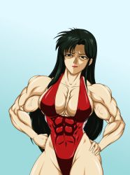 Rule 34 | 1girl, abs, anger vein, angry, breasts, cima garahau, green hair, gundam, gundam 0083, hands on own hips, highres, large breasts, lipstick, long hair, makeup, muscular, muscular female, one-piece swimsuit, solo, swimsuit, veins