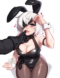 Rule 34 | 1girl, among us, animal ears, bare shoulders, black blindfold, black gloves, black leotard, blindfold, blushyspicy, breasts, brown pantyhose, cleavage, fake animal ears, from above, gloves, hairband, heart, highres, large breasts, leotard, looking at viewer, mole, mole under mouth, nier:automata, nier (series), pantyhose, playboy bunny, rabbit ears, short hair, simple background, sitting, smile, solo focus, white background, white hair, wrist cuffs, 2b (nier:automata), 9s (nier:automata)