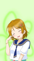 Rule 34 | 1girl, artist name, artist request, blue necktie, blue sailor collar, blush, bracelet, breasts, brown hair, closed eyes, female focus, green background, hair between eyes, hair ornament, highres, jewelry, koizumi hanayo, looking at viewer, love live!, love live! school idol festival, love live! school idol project, necktie, parted lips, rubbing eyes, sailor collar, shirt, short hair, short sleeves, small breasts, smile, solo, upper body, white shirt
