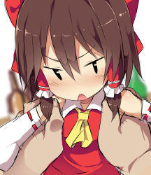 Rule 34 | 1girl, ascot, benjamin button suukina jinsei, black eyes, blurry, blush, bow, brown hair, chestnut mouth, cookie (touhou), depth of field, detached sleeves, hair between eyes, hair bow, hair tubes, hakurei reimu, holding, japanese clothes, looking at viewer, miko, nose blush, open mouth, red bow, ribbon-trimmed sleeves, ribbon trim, sidelocks, sleeves past wrists, solo focus, touhou