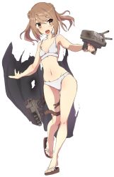 Rule 34 | 1girl, adapted turret, alternate costume, bikini, brown eyes, cannon, cloth, comala (komma la), full body, hair bun, highres, kantai collection, light brown hair, looking to the side, michishio (kancolle), open mouth, sandals, short twintails, simple background, solo, standing, swimsuit, torn clothes, turret, twintails, white background, white bikini, yellow eyes