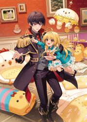 Rule 34 | 1boy, 1girl, absurdres, ahoge, animal print, aqua bow, aqua dress, bird, bird footprints, bird print, black capelet, black coat, black footwear, black hair, black pants, black shirt, blanket, blonde hair, book, bow, buttons, capelet, carrying, carrying under arm, center frills, chair, chick, child, chopsticks, coat, cover, cover page, double-breasted, dress, dress bow, epaulettes, fold-over boots, foot out of frame, frilled dress, frilled socks, frills, full body, futon, gold trim, grey vest, hair between eyes, hair intakes, highres, indoors, juliet sleeves, lapels, long hair, long sleeves, looking ahead, looking at another, mary janes, michi (iawei), mobile, necktie, notched lapels, novel cover, official art, open book, orange eyes, outstretched arm, pants, paper, photo (object), picture frame, pillow, pointing, puffy sleeves, red bow, red coat, red eyes, red necktie, second-party source, seijo dakedo yami ochi shitara hiyoko ni narimashita!, shirt, shoes, sleeping bag, sleeve cuffs, socks, standing, stuffed chicken, sweatdrop, themed object, tile floor, tiles, two-sided coat, two-sided fabric, vest, waist bow, white socks