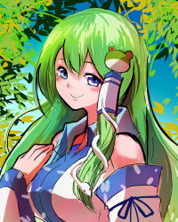 Rule 34 | 1girl, absurdres, blue eyes, blush, breasts, closed mouth, collared shirt, commentary request, detached sleeves, frog hair ornament, green hair, hair between eyes, hair ornament, hair tubes, highres, jonasan (bad-t), kochiya sanae, large breasts, long hair, looking at viewer, one-hour drawing challenge, shirt, single sidelock, sleeveless, sleeveless shirt, smile, snake hair ornament, solo, touhou, tree, upper body, white shirt, white sleeves