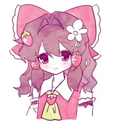 Rule 34 | 1girl, bingkuaihei, brown hair, chinese commentary, closed mouth, collared shirt, commentary, detached sleeves, flower, food-themed hair ornament, hair flower, hair ornament, hair ribbon, hakurei reimu, highres, medium hair, red eyes, red ribbon, red shirt, ribbon, shirt, simple background, sleeveless, sleeveless shirt, smile, solo, strawberry hair ornament, touhou, wavy hair, white background, white flower, white sleeves