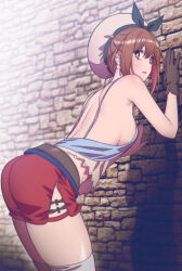 Rule 34 | 1girl, against wall, andrian januar adilia, armpits, atelier (series), atelier ryza, atelier ryza 1, back, backboob, belt, bent over, beret, black bow, blush, bow, breasts, bright pupils, brown belt, brown eyes, brown gloves, brown hair, commentary, curvy, english commentary, female focus, from side, gloves, hair ornament, hairclip, hat, hat bow, highres, leaning forward, looking at viewer, medium breasts, parted lips, red shorts, reisalin stout, shadow, shirt, short hair, short shorts, shorts, sideboob, sidelocks, single glove, solo, standing, thighhighs, thighs, upper body, white hat, white pupils, white shirt, white thighhighs