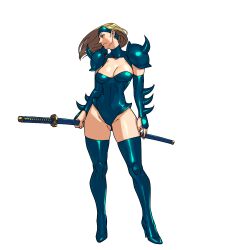 Rule 34 | 1girl, armor, baka guruo, blonde hair, blue eyes, blue leotard, blue thighhighs, breasts, closed mouth, contrapposto, detached sleeves, floating hair, frown, full body, gluteal fold, highres, holding, holding sword, holding weapon, katana, large breasts, leotard, long hair, looking to the side, mizuki (punisher), profile, simple background, solo, spiked armor, spiked pauldrons, sword, the punisher, thighhighs, transparent background, weapon