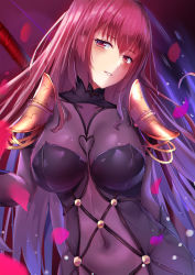 Rule 34 | 1girl, armor, blush, bodysuit, breasts, covered navel, eric (pixiv9123557), fate/grand order, fate (series), gae bolg (fate), hair between eyes, head tilt, highres, holding, large breasts, long hair, looking at viewer, parted lips, pauldrons, petals, polearm, purple bodysuit, purple hair, red eyes, revision, scathach (fate), shoulder armor, sidelocks, smile, solo, spear, very long hair, weapon