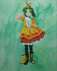 Rule 34 | 1girl, @flowerbud92, boots, dress, frilled dress, frills, googly eyes, green eyes, green hair, highres, looking at viewer, monogatari (series), multicolored clothes, ononoki yotsugi, open mouth, pantyhose, puffy sleeves, rubber boots, single boot, striped clothes, striped pantyhose, striped thighhighs, thick eyebrows, thighhighs, unworn boots, v