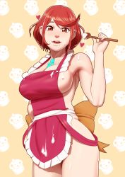 Rule 34 | 1girl, absurdres, alternate costume, apron, bad id, bad pixiv id, breasts, cowboy shot, cream, cupcake, food, highres, holding, holding spoon, john doe (jdart), large breasts, looking at viewer, naked apron, nintendo, open mouth, pyra (xenoblade), red eyes, red hair, short hair, sideboob, solo, spoon, swept bangs, wooden spoon, xenoblade chronicles (series), xenoblade chronicles 2