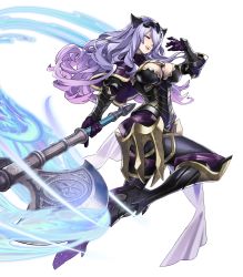 Rule 34 | 1girl, armor, axe, black armor, black footwear, black panties, boots, breasts, camilla (fire emblem), capelet, cleavage, energy, fire emblem, fire emblem fates, fire emblem heroes, full body, gloves, high heel boots, high heels, highres, holding, holding axe, holding weapon, large breasts, leather, lips, loincloth, long hair, looking at viewer, maeshima shigeki, nintendo, official art, open mouth, panties, parted lips, purple eyes, purple gloves, purple hair, shiny clothes, shiny skin, smug, solo, teeth, thigh boots, thighhighs, thighs, tiara, transparent background, underwear, vambraces, very long hair, wavy hair, weapon