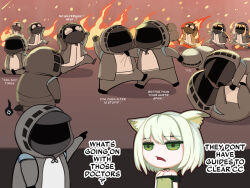 Rule 34 | 1girl, 6+others, aether (genshin impact), ambiguous gender, animal ear fluff, animal ears, arknights, bare shoulders, black coat, black jacket, blonde hair, breasts, cat girl, chibi, cleavage, coat, comic, commentary, doctor (arknights), dress, english commentary, english text, fighting, fire, genshin impact, green dress, green eyes, grey hair, holding, holding torch, hood, hood up, hooded coat, hooded jacket, jacket, kal&#039;tsit (arknights), kinohara kossuta, long hair, lumine (genshin impact), multiple others, off-shoulder dress, off shoulder, open mouth, pointing, ponytail, running, short hair, small breasts, torch