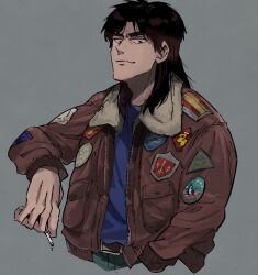 Rule 34 | 1boy, belt, black eyes, blue shirt, bomber jacket, brown belt, brown hair, brown jacket, cigarette, closed mouth, commentary request, grey background, grey pants, highres, holding, holding cigarette, inudori, itou kaiji, jacket, kaiji, long hair, looking at viewer, male focus, medium bangs, open clothes, open jacket, pants, parted bangs, patch, shirt, simple background, smile, solo, upper body