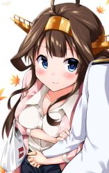 Rule 34 | 10s, 1boy, 1girl, admiral (kancolle), ahoge, alternate costume, bag, belt, blue eyes, blue skirt, blush, breasts, brown hair, casual, collarbone, commentary request, denim, double bun, eyebrows, headgear, hetero, highres, holding hands, jacket, jeans, kantai collection, kongou (kancolle), long hair, medium breasts, nakau, pants, pink jacket, plastic bag, shirt, simple background, skirt, smile, white background, white shirt, yuuki hb
