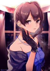 Rule 34 | 1girl, alternate costume, brown eyes, brown hair, deco (geigeki honey), dress, gem, gloves, highres, indoors, jewelry, kaga (kancolle), kantai collection, long hair, looking back, necklace, open mouth, pearl (gemstone), pearl necklace, ribbon, side ponytail, sleeveless, sleeveless dress, solo, sparkle, twitter username