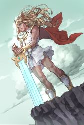 Rule 34 | 1girl, blonde hair, blue eyes, cape, cliff, cloud, farawaygalaxy1, full body, hair blowing, headwear request, highres, holding, holding sword, holding weapon, long hair, muscular, muscular female, red cape, she-ra (character) (princesses of power), she-ra and the princesses of power, shorts, shorts under skirt, sky, solo, sword, weapon