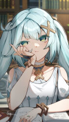 Rule 34 | 1girl, absurdres, aqua hair, bare shoulders, blush, book, book stack, bookshelf, bracelet, chair, closed mouth, clothing cutout, commentary request, cowlick, desk, dress, faruzan (genshin impact), genshin impact, green eyes, hair ornament, hand on own face, highres, holding, holding book, indoors, jewelry, kong ting, long hair, open book, pout, raised eyebrows, shelf, short sleeves, shoulder cutout, sitting, sleeveless, sleeveless dress, solo, symbol-shaped pupils, thick eyebrows, triangle-shaped pupils, tsurime, twintails, upper body, white dress, wristlet, x hair ornament