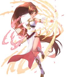 Rule 34 | 1girl, absurdly long hair, alternate costume, bare shoulders, belt, book, boots, breasts, brown eyes, brown hair, collarbone, dress, earrings, female focus, fire emblem, fire emblem: new mystery of the emblem, fire emblem heroes, full body, hair ornament, highres, holding, holding book, jewelry, knee boots, linde (fire emblem), long dress, long hair, matching hair/eyes, nintendo, official art, open mouth, side slit, sleeveless, sleeveless dress, solo, thighs, transparent background, very long hair, white dress, white footwear