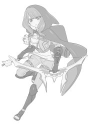 Rule 34 | 1girl, absurdres, armor, arrow (projectile), bow (weapon), cloak, fantasy, full body, gloves, greaves, greyscale, highres, holding, holding bow (weapon), holding weapon, hood, kujuu shikuro, looking at viewer, monochrome, original, quiver, solo, standing, standing on one leg, toeless legwear, v-shaped eyebrows, weapon, white background