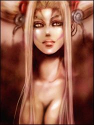 Rule 34 | 1990s (style), artist request, breasts, cleavage, final fantasy, final fantasy viii, grey hair, highres, horns, long hair, portrait, ultimecia, witch, yellow eyes