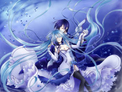 Rule 34 | 1boy, 1girl, aqua hair, blue hair, breasts, cantarella (vocaloid), cleavage, covering privates, covering face, covering own eyes, dress, elbow gloves, flower, fujie, gloves, hair flower, hair ornament, hair ribbon, hatsune miku, hetero, holding hands, kaito (vocaloid), long hair, md5 mismatch, ribbon, rose, thighhighs, twintails, very long hair, vocaloid, white dress, zettai ryouiki