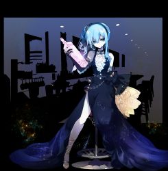 Rule 34 | 1girl, bare shoulders, black dress, black gloves, blue eyes, blue hair, blue hairband, brown footwear, cyawa, dress, elbow gloves, full body, gloves, hair between eyes, hairband, highres, holding, hololive, hoshimachi suisei, long hair, looking at viewer, parted lips, partially fingerless gloves, shoes, side ponytail, sleeveless, sleeveless dress, solo, standing, star (sky), stool, virtual youtuber