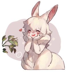 Rule 34 | 1girl, animal ears, blush, branch, closed mouth, colored skin, closed eyes, food, food on face, furry, furry female, hands on own cheeks, hands on own face, hands up, heart, mullmull02, original, rabbit ears, rabbit girl, smile, solo, upper body, white skin