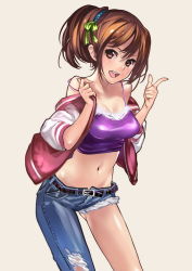 Rule 34 | 1girl, asymmetrical clothes, bare shoulders, breasts, brown eyes, brown hair, camisole, character request, cleavage, cutoffs, denim, hair ribbon, jeans, midriff, navel, off shoulder, official art, okishi jien, okishiji en, ougon bakusou! decotora tournament, pants, ponytail, ribbon, simple background, smile, solo, strap slip