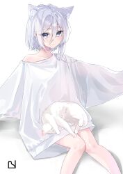 Rule 34 | 1girl, animal, animal ear fluff, animal ears, animal on lap, blue eyes, cat, cat ears, cat girl, cat on lap, expressionless, extra ears, grey hair, highres, long sleeves, looking at viewer, no pants, off shoulder, on lap, original, oversized clothes, see-through, short hair, short hair with long locks, simple background, sitting, sweater, user inubouzakiitsuki, white background, white cat, white sweater