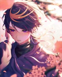 Rule 34 | 1boy, absurdres, averting eyes, backlighting, black hair, black shirt, blonde hair, blurry, blurry foreground, blush, branch, cherry blossoms, commentary, crying, depth of field, drawstring, english commentary, eyelashes, falling petals, floating hair, flower, frown, hand on own face, hand up, highres, hood, hood down, hoodie, light particles, long hair, long sleeves, male focus, mochigome (yum), multicolored hair, nijisanji, nijisanji en, open mouth, parted bangs, petals, pink hair, purple eyes, purple hair, purple hoodie, shirt, shu yamino, sidelocks, solo, streaked hair, swept bangs, tears, turtleneck, upper body, virtual youtuber, white flower