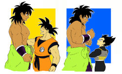 Rule 34 | 3boys, :d, ^ ^, abs, arm at side, armor, arms at sides, black eyes, black hair, blue background, broly (dragon ball super), clenched hands, closed eyes, clothes around waist, clothes writing, collarbone, crossed arms, dark-skinned male, dark skin, dougi, dragon ball, dragon ball super, dragon ball super broly, dragonball z, expressionless, closed eyes, fingernails, from side, frown, hands on own chest, happy, height difference, looking at another, looking down, looking up, male focus, messy hair, multiple boys, muscular, nervous, new jirou, nipples, open mouth, orange background, profile, scared, simple background, smile, son goku, spiked hair, square, topless male, upper body, vegeta, white background, wristband