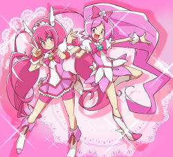 Rule 34 | 10s, 2girls, :d, antenna hair, bike shorts, blush, boots, bow, bowtie, brooch, choker, color connection, cure blossom, cure happy, dress, eyelashes, full body, hair bow, hanasaki tsubomi, head wings, heart, heart brooch, heartcatch precure!, highres, hoshizora miyuki, jewelry, knee boots, locked arms, long hair, magical girl, multiple girls, onimaru (onimal7802), open mouth, pink background, pink bow, pink dress, pink eyes, pink hair, pink shorts, pink skirt, pink theme, ponytail, precure, puffy sleeves, ribbon, shorts, shorts under skirt, skirt, smile, smile precure!, sparkle, tiara, twintails, v, wings, wrist cuffs