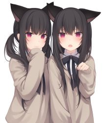Rule 34 | 2girls, :o, amashiro natsuki, animal ears, black hair, black neckwear, blush, brown sweater, cat ears, closed mouth, collared shirt, commentary request, extra ears, fake animal ears, hand up, light smile, long hair, long sleeves, looking at viewer, multiple girls, neck ribbon, open mouth, original, paw pose, red eyes, ribbon, school uniform, shirt, siblings, side-by-side, sidelocks, simple background, sleeves past wrists, sweater, twins, twintails, upper body, white background, white shirt