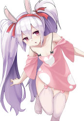 Rule 34 | 1girl, :o, animal ears, azur lane, bare shoulders, blush, breasts, cleavage, collarbone, dress, garter straps, hair between eyes, hairband, heart, laffey (azur lane), leaning forward, light purple hair, long hair, looking at viewer, no shoes, noa (nagareboshi), off-shoulder dress, off shoulder, open mouth, pink dress, rabbit ears, red hairband, short sleeves, sidelocks, simple background, small breasts, solo, spaghetti strap, standing, standing on one leg, thigh gap, thighhighs, twintails, very long hair, white background, white thighhighs, zettai ryouiki