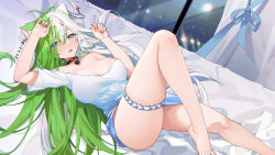 Rule 34 | animal collar, animal ears, bare legs, bare shoulders, barefoot, blue eyes, breasts, cat ears, character request, cityscape, cleavage, collar, copyright request, dated, dress, gradient dress, green hair, hair between eyes, highres, large breasts, long hair, looking at viewer, lying, multicolored hair, no bra, off-shoulder dress, off shoulder, on back, on bed, open mouth, short sleeves, signature, sleepy, tangdouji (machine), thigh strap, two-tone hair, very long hair, white hair