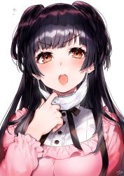 Rule 34 | 1girl, :o, black bow, black hair, blush, bow, breasts, brown eyes, commentary request, flying sweatdrops, hand up, highres, idolmaster, idolmaster shiny colors, long hair, long sleeves, looking at viewer, mask, mask pull, mayuzumi fuyuko, medium breasts, mika pikazo, mouth mask, open mouth, pink shirt, pulling own clothes, shirt, signature, simple background, solo, surgical mask, sweat, teeth, two side up, upper body, upper teeth only, v-shaped eyebrows, white background