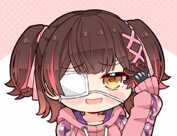 Rule 34 | 1girl, blush stickers, brown hair, camouflage, chibi, chuunibyou, commentary, english commentary, eyepatch, hand up, hololive, hood, hoodie, kukie-nyan, long sleeves, looking at viewer, medical eyepatch, multicolored hair, official alternate costume, open mouth, pink hoodie, red hair, roboco-san, roboco-san (hoodie), short hair, solo, streaked hair, upper body, virtual youtuber, yellow eyes
