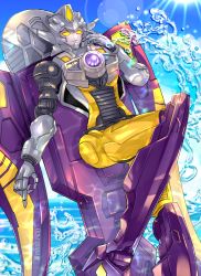 Rule 34 | 1girl, :3, dated, decepticon, leg up, lens flare, looking at viewer, mecha, piko (0 ppqq 0), pointing, pointing down, robot, smile, smug, solo, thunderblast, transformers, transformers cybertron, water, yellow eyes