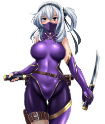 Rule 34 | 1girl, alternate costume, bare shoulders, black headband, blush, bodysuit, breasts, elbow gloves, gloves, gradient background, grey eyes, hachimaki, hair between eyes, hair flaps, headband, holding, holding weapon, kantai collection, large breasts, latex, long hair, looking at viewer, mask, mouth mask, one side up, parody, silver hair, skin tight, solo, suzutsuki (kancolle), sword, taimanin (series), taimanin suit, thighs, weapon, white background, zanntetu