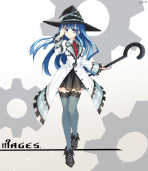 Rule 34 | 1girl, absurdres, alexstardust31, blue eyes, blue hair, character name, choujigen game neptune, choujigen game neptune the animation, full body, hat, highres, long hair, looking at viewer, mages., mole, mole under eye, necktie, neptune (series), puffy sleeves, red necktie, simple background, skirt, smile, solo, staff, thighhighs, white background, witch hat, zettai ryouiki