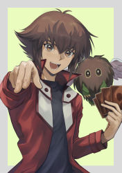Rule 34 | 1boy, :d, absurdres, black shirt, border, brown eyes, brown hair, card, duel academy uniform (yu-gi-oh! gx), grey border, hair between eyes, highres, holding, holding card, jacket, long sleeves, looking at viewer, male focus, medium hair, multicolored hair, open clothes, open jacket, open mouth, outside border, red jacket, shirt, smile, solo, ta (pixiv30070603), two-tone hair, winged kuriboh, yellow background, yu-gi-oh!, yu-gi-oh! gx, yuki judai