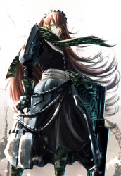 Rule 34 | 1girl, black shirt, black skirt, brown hair, cz2128 delta, floating hair, gloves, green eyes, green gloves, gun, hair over one eye, long hair, looking at viewer, maid, maid headdress, overlord (maruyama), scarf, shirt, skirt, solo, standing, tagame (tagamecat), very long hair, weapon, white background
